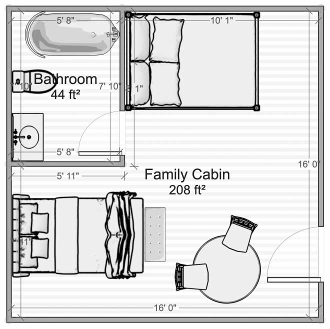 Family cabin floorplan showing bedroom and bathroom layout at EarthSong Lodge & Cabins