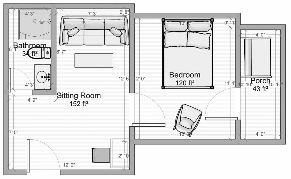 Queen-Suite Cabin floorplan showing bedroom and bathroom layout at EarthSong Lodge & Cabins