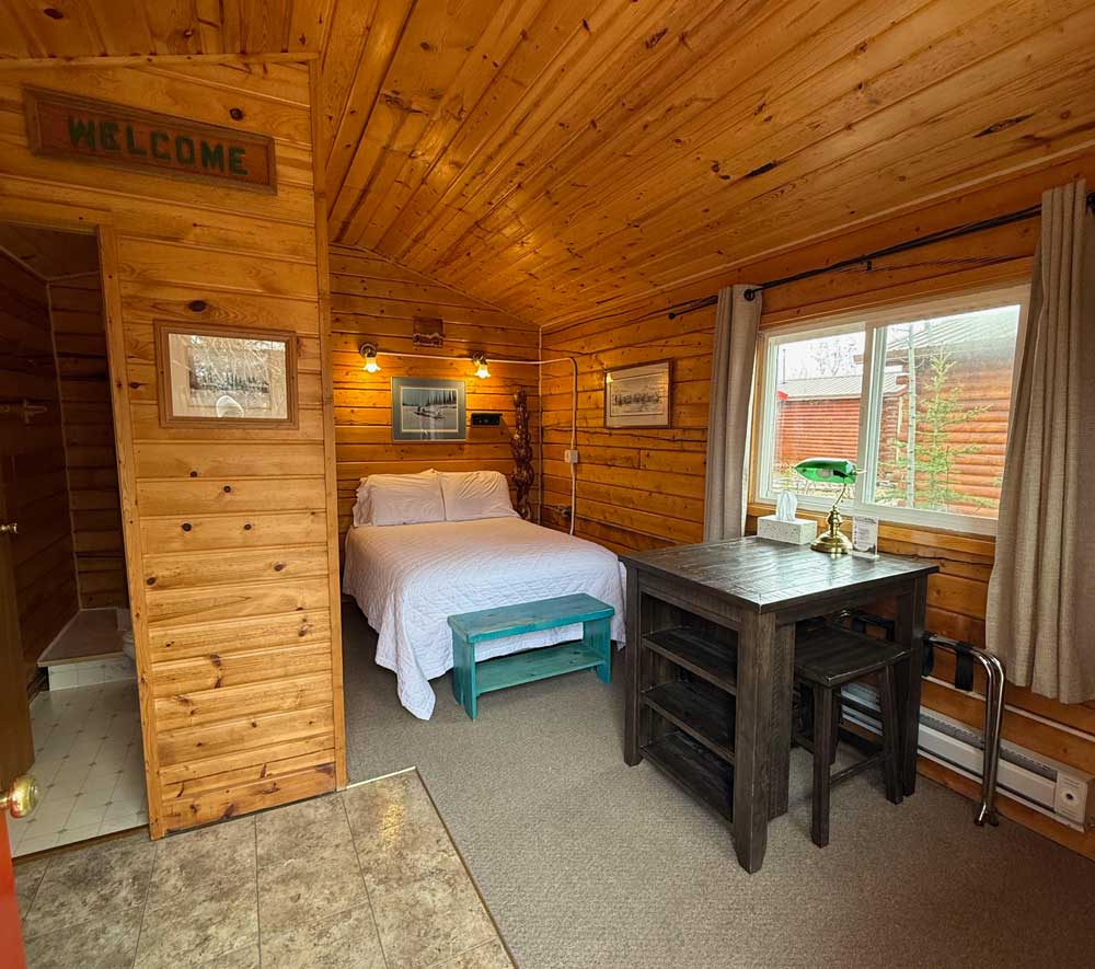 Interior view of a Standard One-Room Cabin at EarthSong Lodge & Cabins