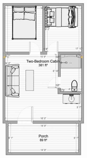 Two-Bedroom Cabin floorplan showing bedroom and bathroom layout at EarthSong Lodge & Cabins