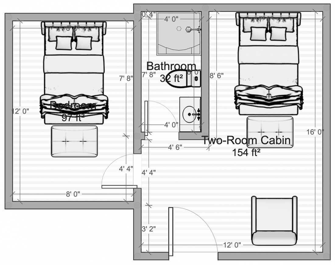 Two-Room Cabin floorplan showing bedroom and bathroom layout at EarthSong Lodge & Cabins